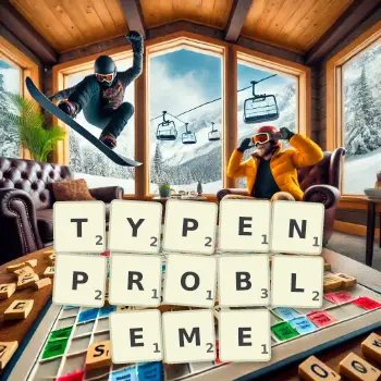 Kreative Illustration für ein Scrabble-Spiel, bei dem das Wort TYPENPROBLEME mit Steinen auf dem Brett gelegt wurde.