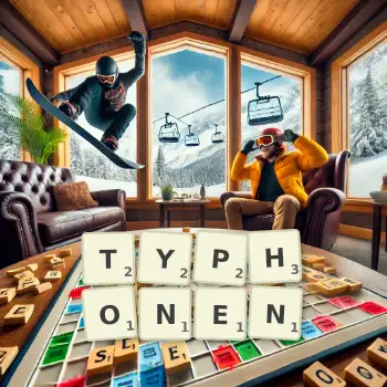 Kreative Illustration für ein Scrabble-Spiel, bei dem das Wort TYPHONEN mit Steinen auf dem Brett gelegt wurde.
