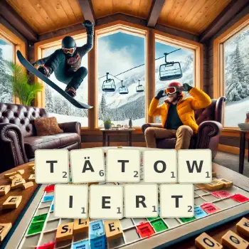 Kreative Illustration für ein Scrabble-Spiel, bei dem das Wort TÄTOWIERT mit Steinen auf dem Brett gelegt wurde.