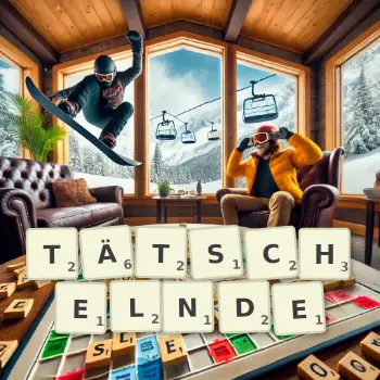 Kreative Illustration für ein Scrabble-Spiel, bei dem das Wort TÄTSCHELNDE mit Steinen auf dem Brett gelegt wurde.