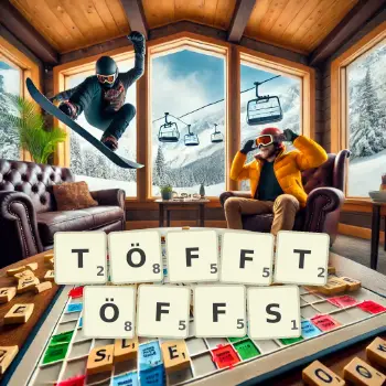 Kreative Illustration für ein Scrabble-Spiel, bei dem das Wort TÖFFTÖFFS mit Steinen auf dem Brett gelegt wurde.