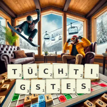 Kreative Illustration für ein Scrabble-Spiel, bei dem das Wort TÜCHTIGSTES mit Steinen auf dem Brett gelegt wurde.