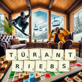 Kreative Illustration für ein Scrabble-Spiel, bei dem das Wort TÜRANTRIEBS mit Steinen auf dem Brett gelegt wurde.