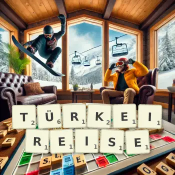Kreative Illustration für ein Scrabble-Spiel, bei dem das Wort TÜRKEIREISE mit Steinen auf dem Brett gelegt wurde.