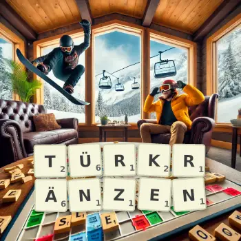 Kreative Illustration für ein Scrabble-Spiel, bei dem das Wort TÜRKRÄNZEN mit Steinen auf dem Brett gelegt wurde.