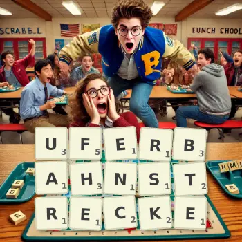 Kreative Illustration für ein Scrabble-Spiel, bei dem das Wort UFERBAHNSTRECKE mit Steinen auf dem Brett gelegt wurde.