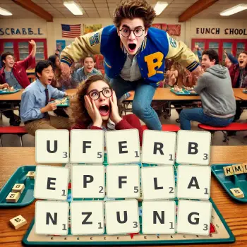 Kreative Illustration für ein Scrabble-Spiel, bei dem das Wort UFERBEPFLANZUNG mit Steinen auf dem Brett gelegt wurde.