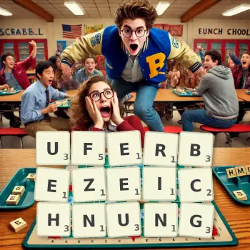 Kreative Illustration für ein Scrabble-Spiel, bei dem das Wort UFERBEZEICHNUNG mit Steinen auf dem Brett gelegt wurde.