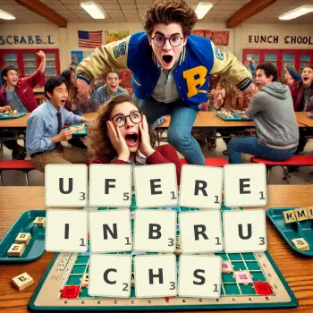 Kreative Illustration für ein Scrabble-Spiel, bei dem das Wort UFEREINBRUCHS mit Steinen auf dem Brett gelegt wurde.