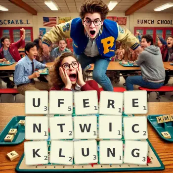 Kreative Illustration für ein Scrabble-Spiel, bei dem das Wort UFERENTWICKLUNG mit Steinen auf dem Brett gelegt wurde.