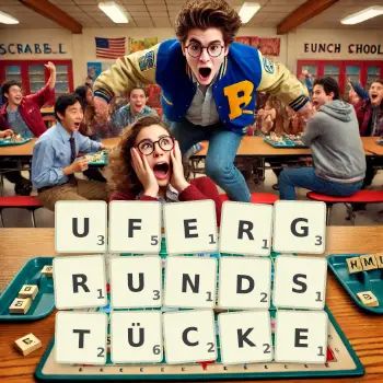 Kreative Illustration für ein Scrabble-Spiel, bei dem das Wort UFERGRUNDSTÜCKE mit Steinen auf dem Brett gelegt wurde.