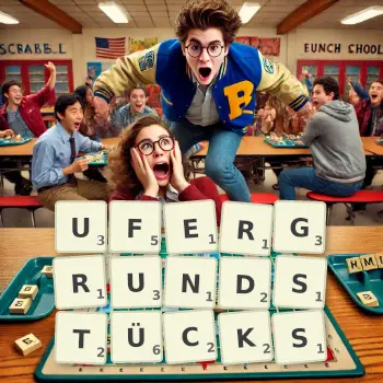 Kreative Illustration für ein Scrabble-Spiel, bei dem das Wort UFERGRUNDSTÜCKS mit Steinen auf dem Brett gelegt wurde.