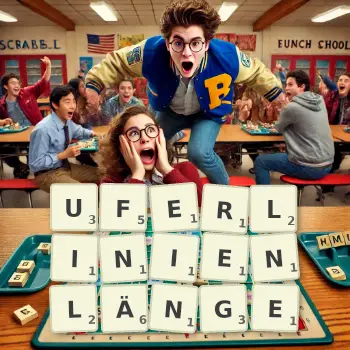 Kreative Illustration für ein Scrabble-Spiel, bei dem das Wort UFERLINIENLÄNGE mit Steinen auf dem Brett gelegt wurde.