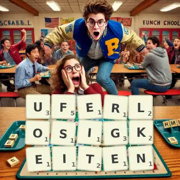 Kreative Illustration für ein Scrabble-Spiel, bei dem das Wort UFERLOSIGKEITEN mit Steinen auf dem Brett gelegt wurde.