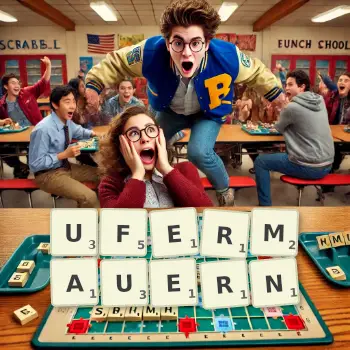 Kreative Illustration für ein Scrabble-Spiel, bei dem das Wort UFERMAUERN mit Steinen auf dem Brett gelegt wurde.