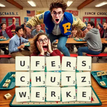 Kreative Illustration für ein Scrabble-Spiel, bei dem das Wort UFERSCHUTZWERKE mit Steinen auf dem Brett gelegt wurde.