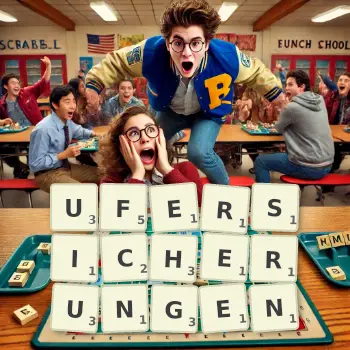 Kreative Illustration für ein Scrabble-Spiel, bei dem das Wort UFERSICHERUNGEN mit Steinen auf dem Brett gelegt wurde.