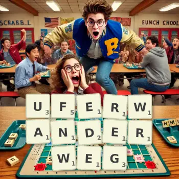 Kreative Illustration für ein Scrabble-Spiel, bei dem das Wort UFERWANDERWEG mit Steinen auf dem Brett gelegt wurde.