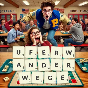 Kreative Illustration für ein Scrabble-Spiel, bei dem das Wort UFERWANDERWEGE mit Steinen auf dem Brett gelegt wurde.