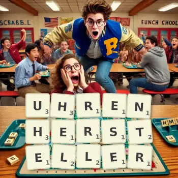 Kreative Illustration für ein Scrabble-Spiel, bei dem das Wort UHRENHERSTELLER mit Steinen auf dem Brett gelegt wurde.