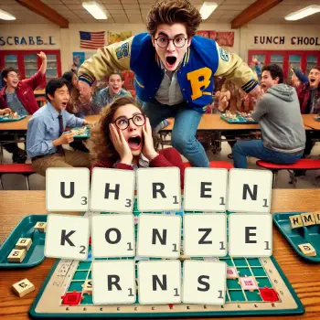 Kreative Illustration für ein Scrabble-Spiel, bei dem das Wort UHRENKONZERNS mit Steinen auf dem Brett gelegt wurde.