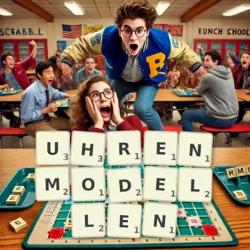 Kreative Illustration für ein Scrabble-Spiel, bei dem das Wort UHRENMODELLEN mit Steinen auf dem Brett gelegt wurde.