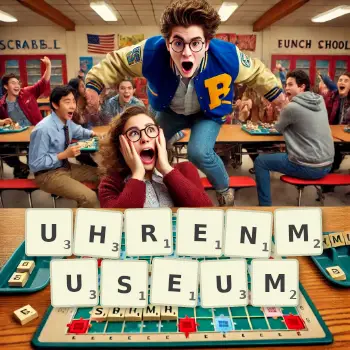 Kreative Illustration für ein Scrabble-Spiel, bei dem das Wort UHRENMUSEUM mit Steinen auf dem Brett gelegt wurde.