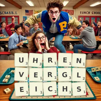 Kreative Illustration für ein Scrabble-Spiel, bei dem das Wort UHRENVERGLEICHS mit Steinen auf dem Brett gelegt wurde.