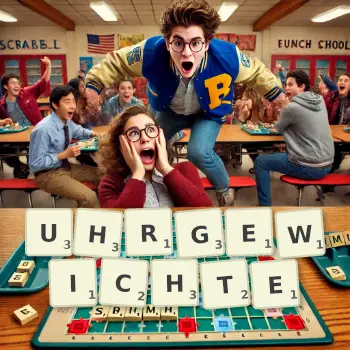 Kreative Illustration für ein Scrabble-Spiel, bei dem das Wort UHRGEWICHTE mit Steinen auf dem Brett gelegt wurde.