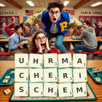 Kreative Illustration für ein Scrabble-Spiel, bei dem das Wort UHRMACHERISCHEM mit Steinen auf dem Brett gelegt wurde.