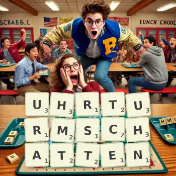 Kreative Illustration für ein Scrabble-Spiel, bei dem das Wort UHRTURMSCHATTEN mit Steinen auf dem Brett gelegt wurde.