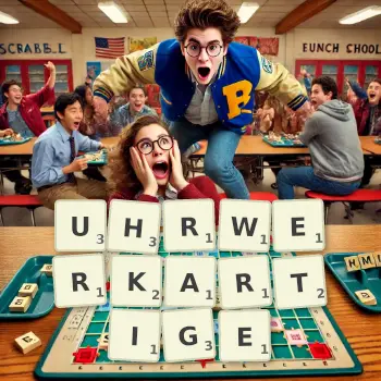 Kreative Illustration für ein Scrabble-Spiel, bei dem das Wort UHRWERKARTIGE mit Steinen auf dem Brett gelegt wurde.