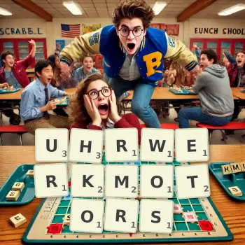 Kreative Illustration für ein Scrabble-Spiel, bei dem das Wort UHRWERKMOTORS mit Steinen auf dem Brett gelegt wurde.