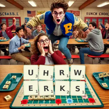 Kreative Illustration für ein Scrabble-Spiel, bei dem das Wort UHRWERKS mit Steinen auf dem Brett gelegt wurde.