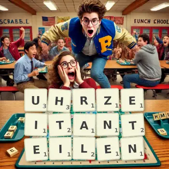 Kreative Illustration für ein Scrabble-Spiel, bei dem das Wort UHRZEITANTEILEN mit Steinen auf dem Brett gelegt wurde.