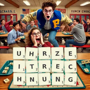 Kreative Illustration für ein Scrabble-Spiel, bei dem das Wort UHRZEITRECHNUNG mit Steinen auf dem Brett gelegt wurde.