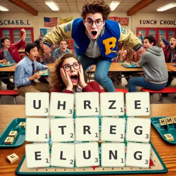 Kreative Illustration für ein Scrabble-Spiel, bei dem das Wort UHRZEITREGELUNG mit Steinen auf dem Brett gelegt wurde.