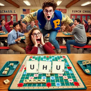 Kreative Illustration für ein Scrabble-Spiel, bei dem das Wort UHU mit Steinen auf dem Brett gelegt wurde.