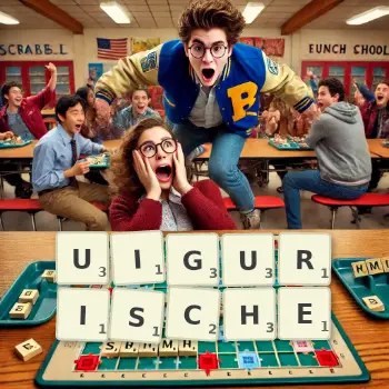 Kreative Illustration für ein Scrabble-Spiel, bei dem das Wort UIGURISCHE mit Steinen auf dem Brett gelegt wurde.