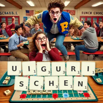 Kreative Illustration für ein Scrabble-Spiel, bei dem das Wort UIGURISCHEN mit Steinen auf dem Brett gelegt wurde.