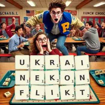 Kreative Illustration für ein Scrabble-Spiel, bei dem das Wort UKRAINEKONFLIKT mit Steinen auf dem Brett gelegt wurde.