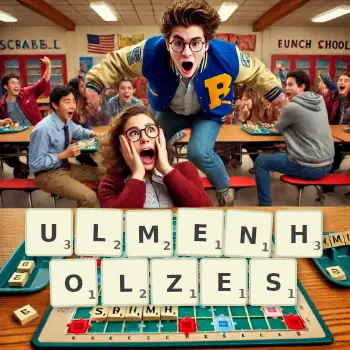 Kreative Illustration für ein Scrabble-Spiel, bei dem das Wort ULMENHOLZES mit Steinen auf dem Brett gelegt wurde.