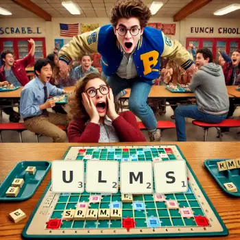 Kreative Illustration für ein Scrabble-Spiel, bei dem das Wort ULMS mit Steinen auf dem Brett gelegt wurde.