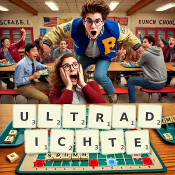 Kreative Illustration für ein Scrabble-Spiel, bei dem das Wort ULTRADICHTE mit Steinen auf dem Brett gelegt wurde.
