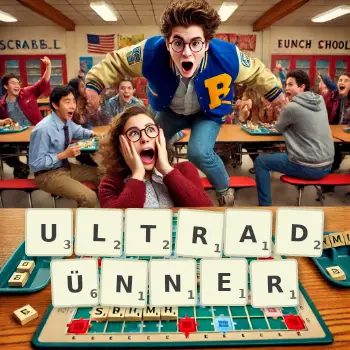 Kreative Illustration für ein Scrabble-Spiel, bei dem das Wort ULTRADÜNNER mit Steinen auf dem Brett gelegt wurde.