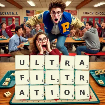 Kreative Illustration für ein Scrabble-Spiel, bei dem das Wort ULTRAFILTRATION mit Steinen auf dem Brett gelegt wurde.