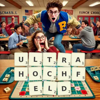 Kreative Illustration für ein Scrabble-Spiel, bei dem das Wort ULTRAHOCHFELD mit Steinen auf dem Brett gelegt wurde.