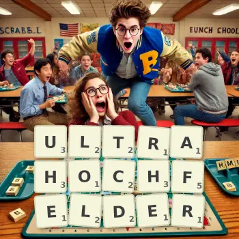 Kreative Illustration für ein Scrabble-Spiel, bei dem das Wort ULTRAHOCHFELDER mit Steinen auf dem Brett gelegt wurde.