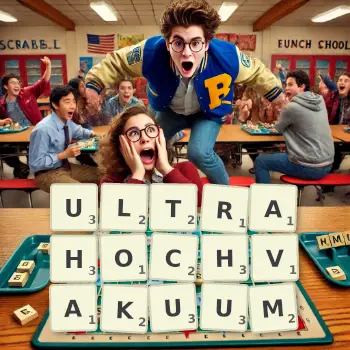 Kreative Illustration für ein Scrabble-Spiel, bei dem das Wort ULTRAHOCHVAKUUM mit Steinen auf dem Brett gelegt wurde.