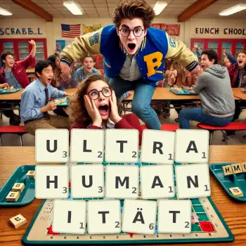Kreative Illustration für ein Scrabble-Spiel, bei dem das Wort ULTRAHUMANITÄT mit Steinen auf dem Brett gelegt wurde.